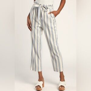 Lulu’s All A-Boat You Blue and Ivory Striped Paperbag Waist Pants - size L